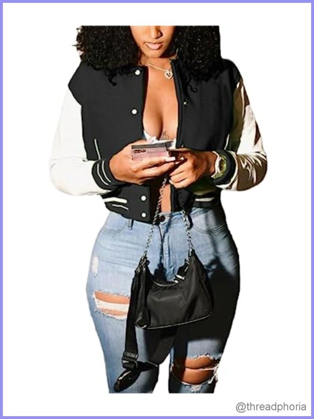Women Cropped Bomber Jacket Varsity Button Down Baseball Coat Streetwear